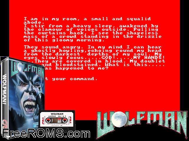 Wolfman (UK) (1987) [h1] Amstrad CPC game showing 3D box cover and gameplay screenshot